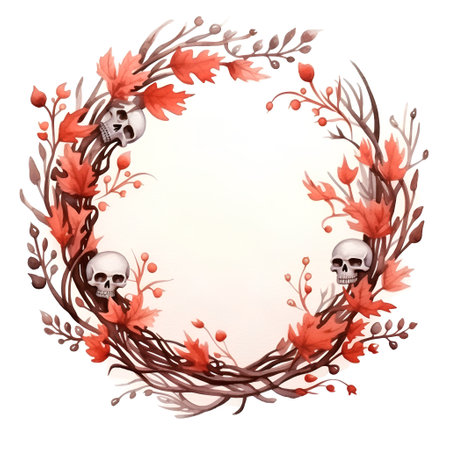 Watercolor Halloween wreath with skull and autumn leaves. Hand drawn illustrationの素材