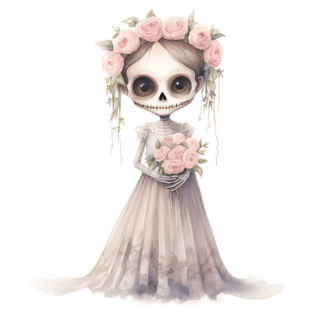 Watercolor illustration of a girl in a skeleton costume with roses.の素材