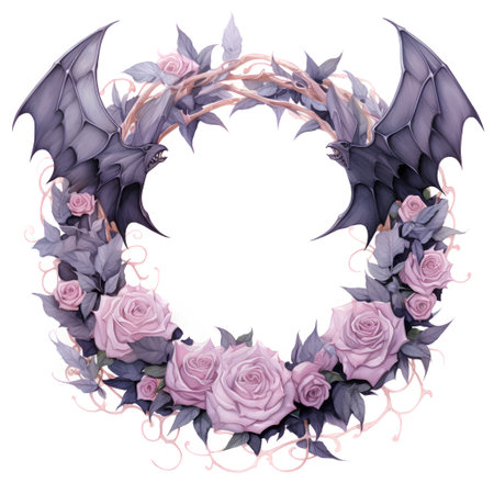 Watercolor halloween wreath with bats, flowers and leaves.の素材