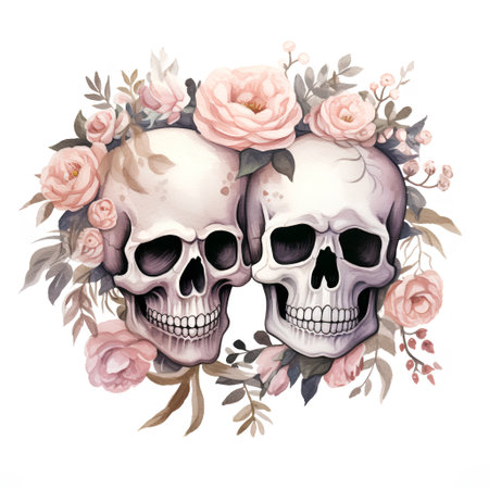 Watercolor skull with floral wreath isolated on white background. Hand drawn illustrationの素材