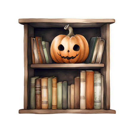 Halloween pumpkin in a book shelf. Halloween illustration. Isolated on white background.の素材