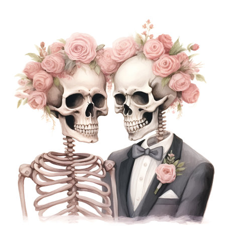 Watercolor illustration of a skeleton and a bride with a bouquet of flowersの素材