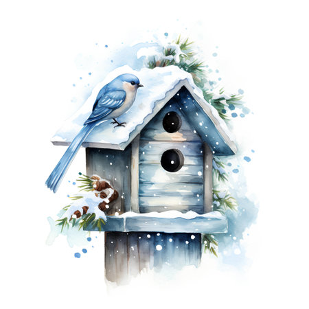 Watercolor birdhouse. Hand drawn illustration isolated on white background.の素材