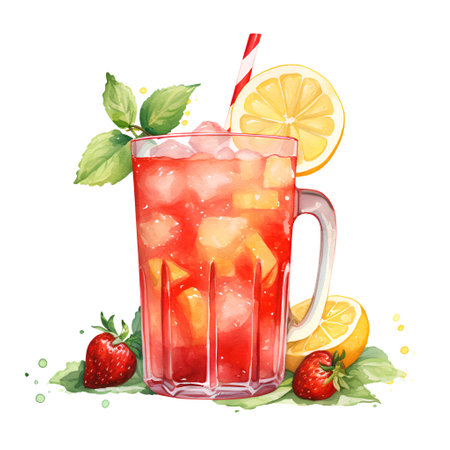 Cocktail with lemon, strawberry and mint. Watercolor illustrationの素材