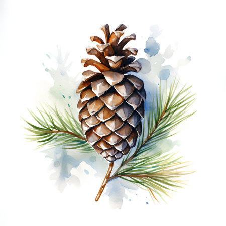 Watercolor pine cone and pine branch isolated on white background. Hand drawn illustrationの素材