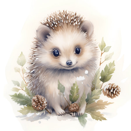 Cute hedgehog with autumn leaves. Watercolor illustration on white background.の素材
