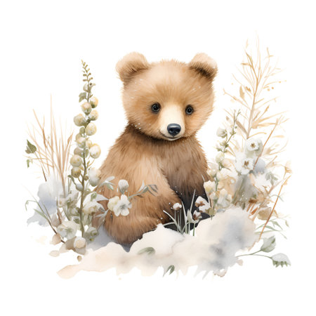 Watercolor illustration of a cute brown bear sitting in the snow with flowers, isolated on white backgroundの素材