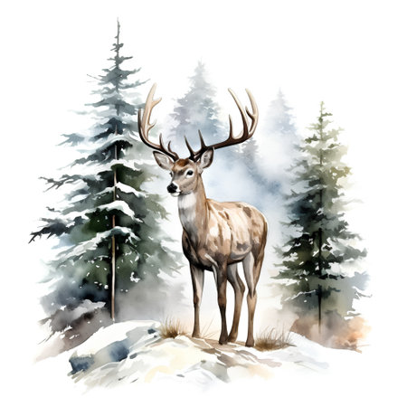 Watercolor illustration of a deer in the forest. Isolated on white backgroundの素材