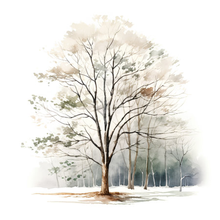 Watercolor winter landscape with trees. Hand drawn illustration isolated on white backgroundの素材
