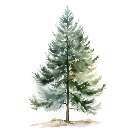 Watercolor pine tree. Hand drawn illustration isolated on white background.の素材