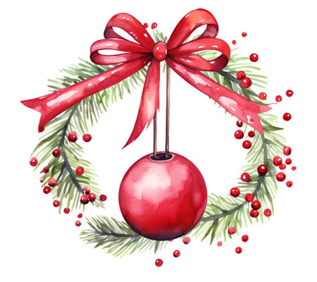 Watercolor Christmas wreath with red bow and pine branches. Hand drawn illustrationの素材