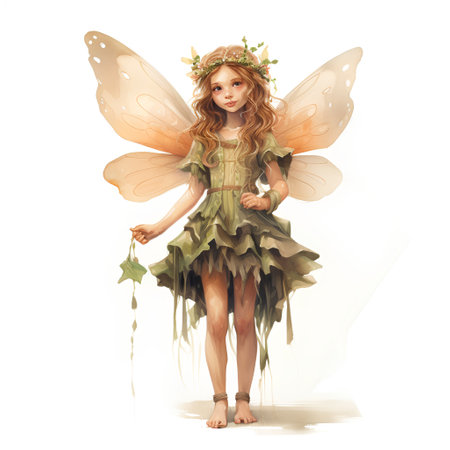 Fairy in green dress with a wreath on her head. 3d renderingの素材