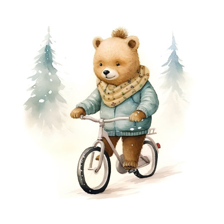 Watercolor illustration of a teddy bear on a bicycle in the forest.の素材