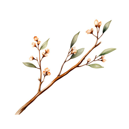 Watercolor branch with flowers. Hand drawn illustration. Isolated on white background.の素材