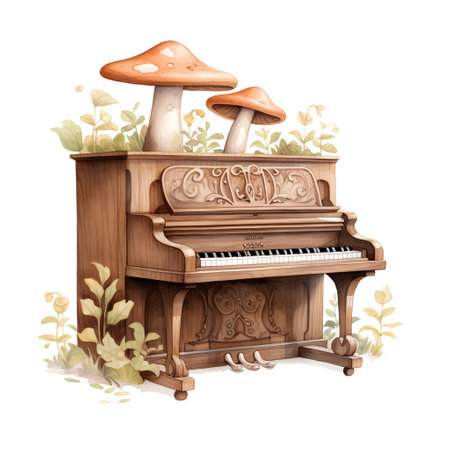 Piano with mushrooms. Watercolor illustration isolated on white background.の素材