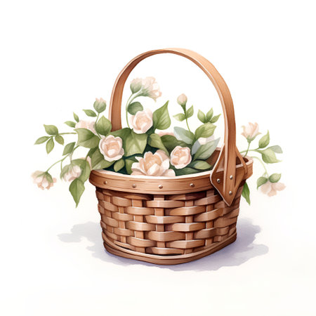 Basket with flowers. Watercolor illustration isolated on white background.の素材