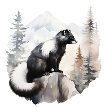 Watercolor illustration of a skunk on a rock in the mountainsの素材