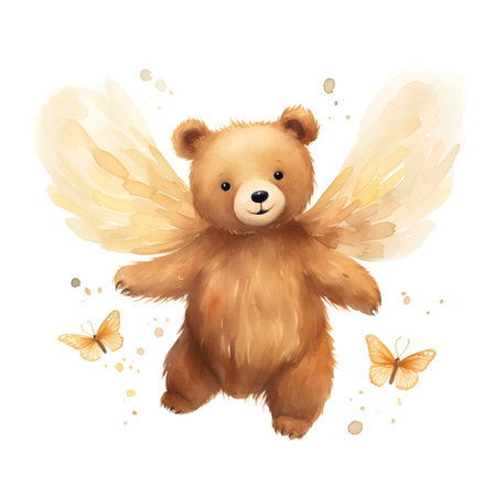 Watercolor teddy bear with wings and butterflies isolated on white background.の素材