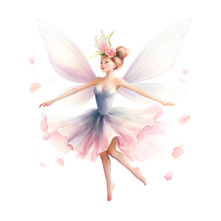 Watercolor illustration of a fairy with wings, isolated on white background.の素材