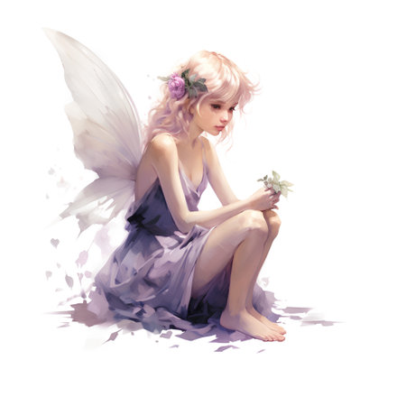 Fairy with a flower in her hair sitting on the floor.の素材