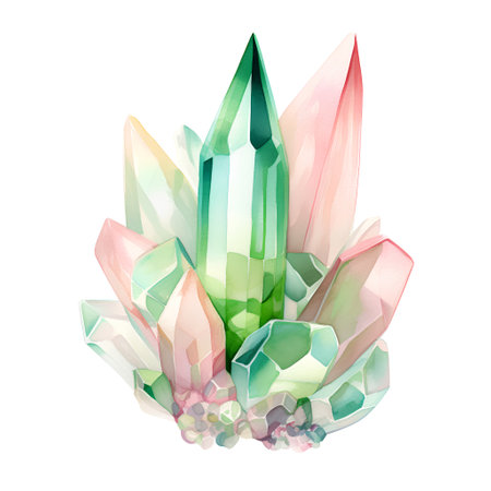 Watercolor emerald crystals. Hand drawn illustration isolated on white backgroundの素材