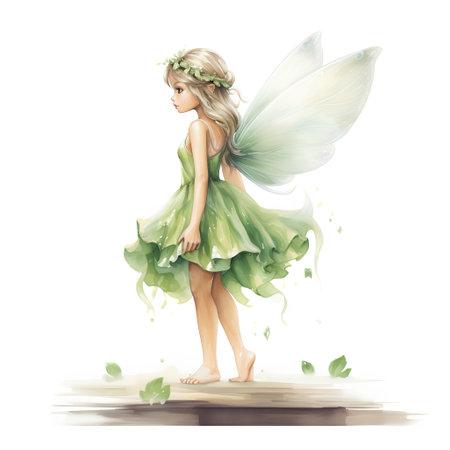 Fairy in green dress, isolated on white background. Watercolor illustration.の素材
