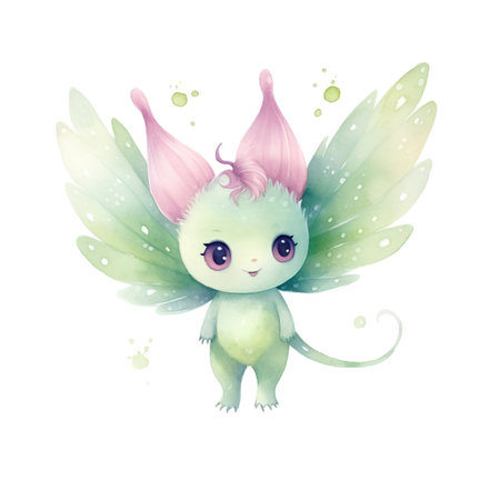 Watercolor cute cartoon green fairy with wings isolated on white background.の素材