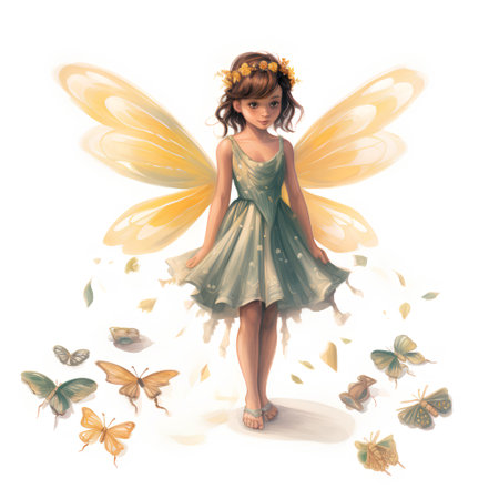 Beautiful fairy in a green dress with butterflies flying around her.の素材