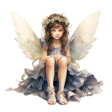 Cute little girl with wings and flowers isolated on white background.の素材