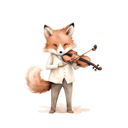 Watercolor illustration of a cute fox playing the violin isolated on white backgroundの素材