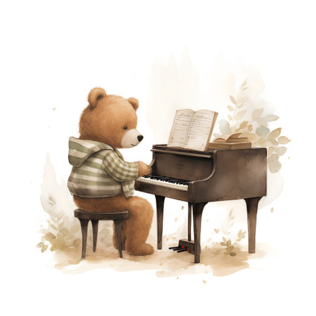 Watercolor illustration of a cute teddy bear playing the piano.の素材