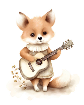 Cute fox with acoustic guitar. Watercolor illustration isolated on white background.の素材
