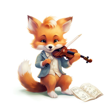Cute cartoon fox playing the violin, isolated on white background.の素材