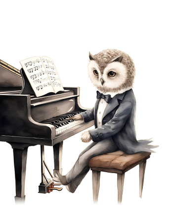 Owl playing the piano. Watercolor illustration on white background.の素材