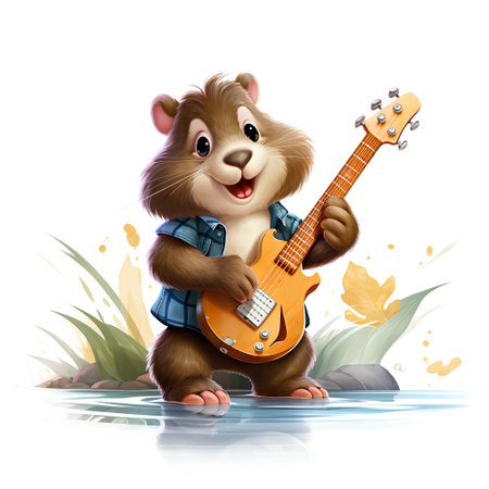 Cute cartoon hamster with a guitar in his hands. Vector illustration.の素材