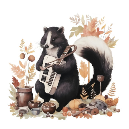 Cute cartoon skunk playing guitar and singing on autumn leaves backgroundの素材