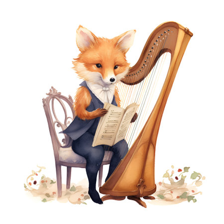 Watercolor fox playing a harp. Isolated on white background.の素材