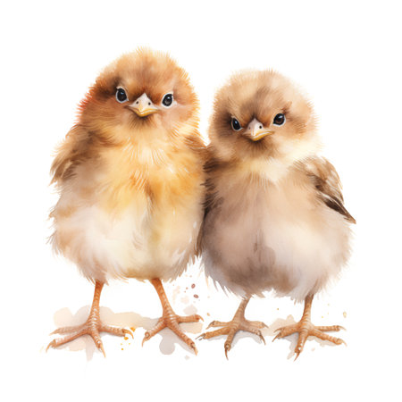 Two little chicken isolated on a white background. Watercolor illustration.の素材