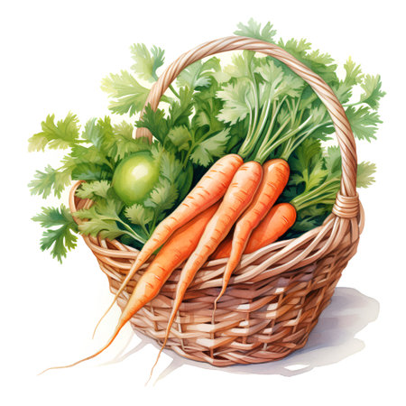 Basket with fresh carrots and celery. Watercolor illustration.の素材