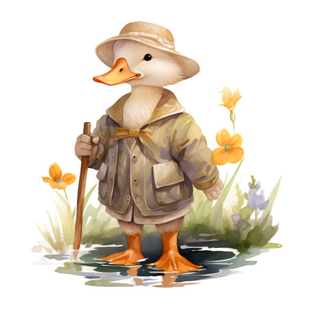 Watercolor illustration of a duck in a hat and raincoat.の素材