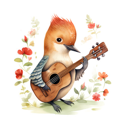 Cute bird with a guitar. Watercolor hand drawn illustration isolated on white backgroundの素材