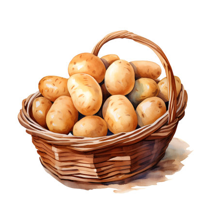 Basket with potatoes. Hand drawn watercolor illustration isolated on white backgroundの素材