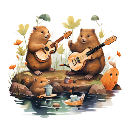 Cute hamsters playing guitar and singing in autumn forest. Watercolor illustrationの素材