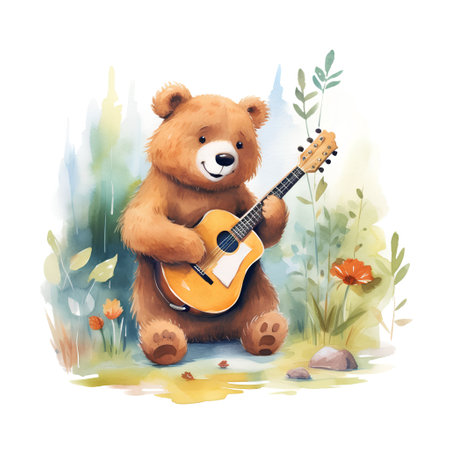 Watercolor illustration of a cute teddy bear with a guitar in the forest.の素材