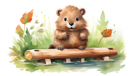 Cute hamster sitting on a wooden bridge. Watercolor illustrationの素材