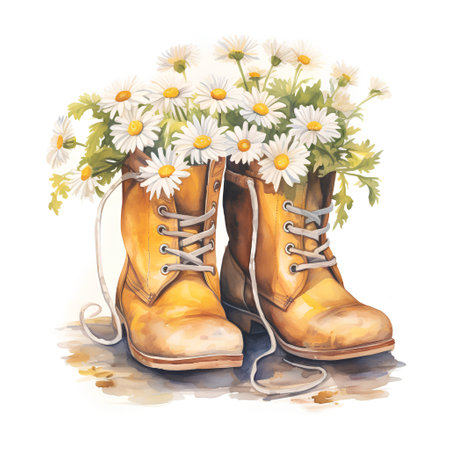 Bouquet of daisies in boots. Watercolor illustrationの素材