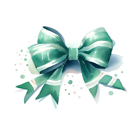 Watercolor green bow. Hand drawn illustration isolated on white background.の素材