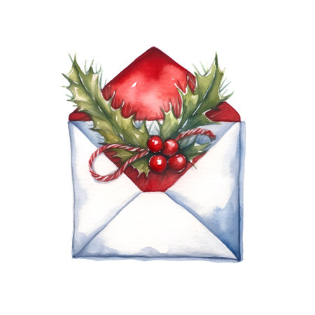 Watercolor christmas envelope with holly and mistletoe.の素材