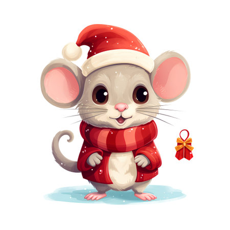 Cute cartoon mouse in Santa Claus red hat and scarf. Vector illustration.の素材