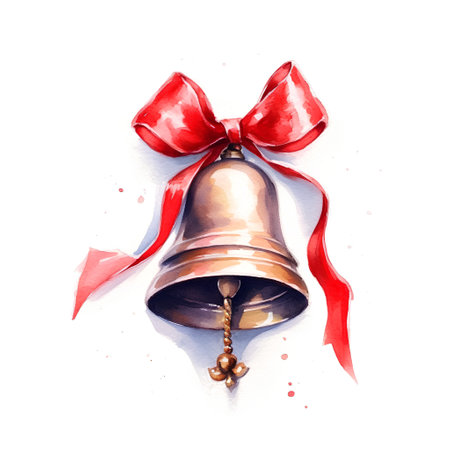 Christmas bell with red bow. Watercolor illustration isolated on white backgroundの素材